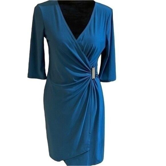 Peacock Teal Blue Pullover Wrap Crossover Front Size Small Spring Dress. - Picture 1 of 12